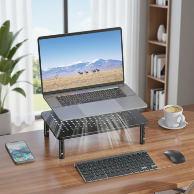 Support pour écran réglable avec espace de rangement, adapté pour le bureau et la maison, paquet simple noir.