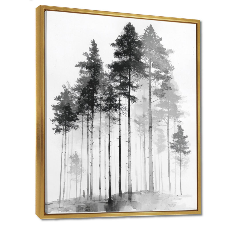 «Black and White Tall Pine Tree Forest», reproduction d'art sur toile Nature, Cadre flottant, H 20 po x l 12 po, Doré