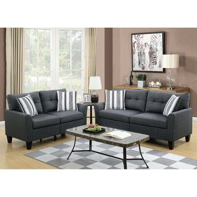 Charcoal Glossy Polyfiber 2Pc Living Area - And With Solid Pine Frame, Plywood Base, Back, Strips Pillows, Wooden Legs For Decoration Space