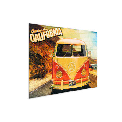 Greetings From California Camper Van 58×78 Cm CrystalArt Acrylic Material Glass Effect, Frameless Panel, Lightweight Ready To Hang - No Frame Print on Plastic / Acrylic