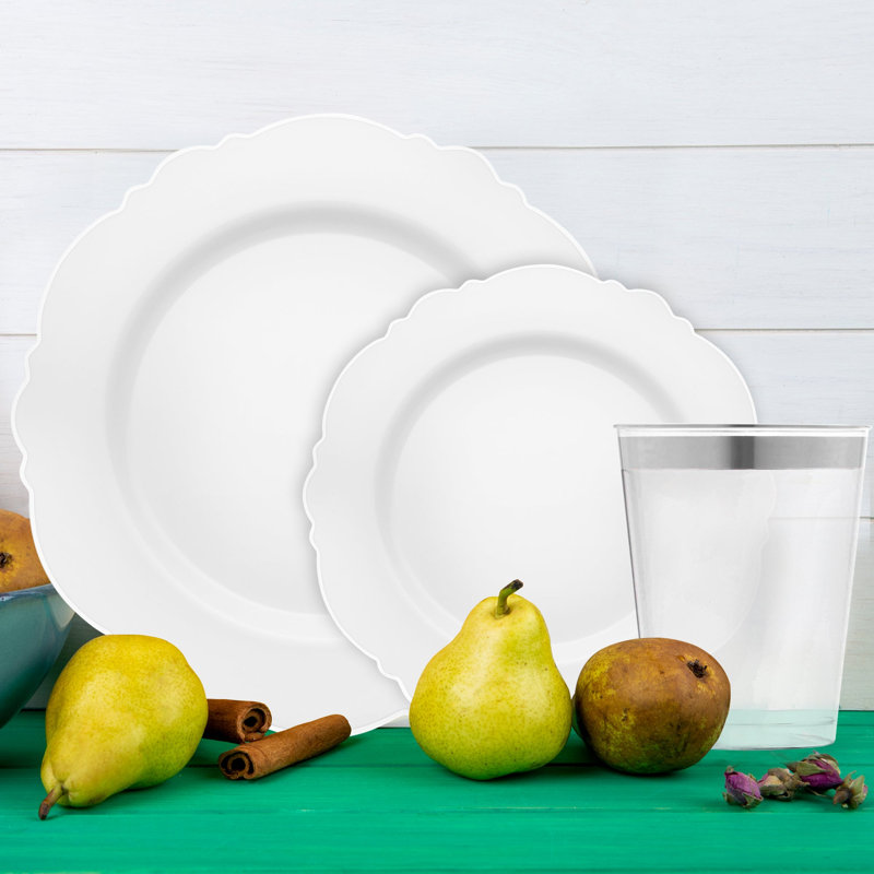 Service de vaisselle jetable en plastique blanc avec bordure argentée à motifs floraux - 120 couverts