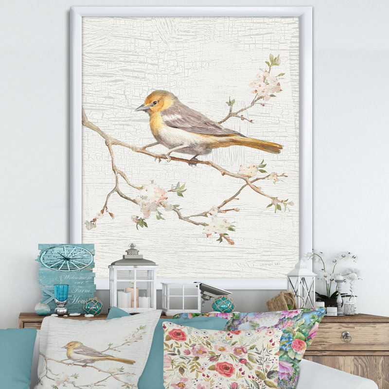 «Birds on Blossom II», reproduction d'art sur toile, H 46 po x l 36 po x P 1,5 po, Cadre blanc