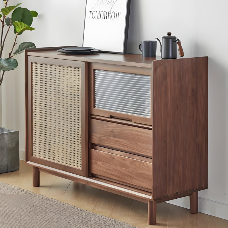 35.43"Brown Solid Wood Rectangular Woven Rattan Sliding Door Side Cabinet, 33.46" H x 47.24" W x 15.75" D