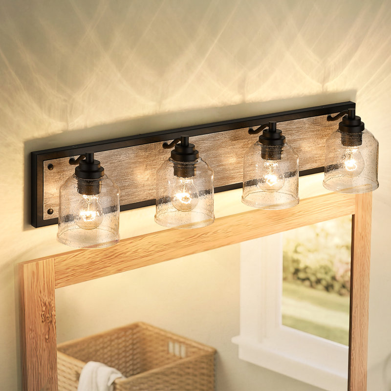 Modern Farmhouse Dimmable Bathroom Vanity Light with Seeded Glass and Wood-Grain Veneer Backplate, Black/Gray, 4