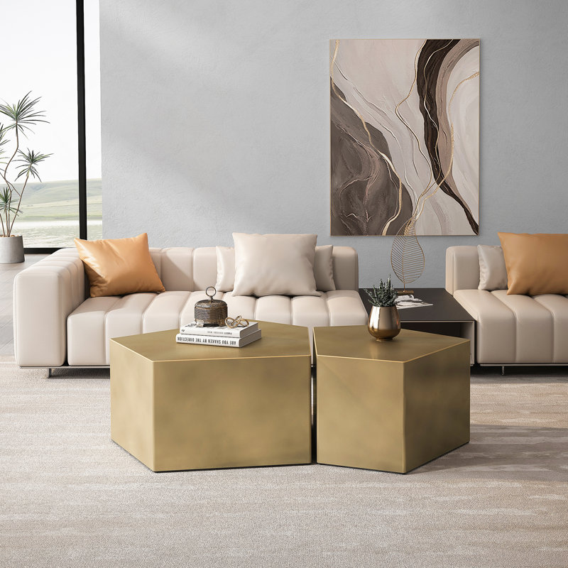 Irregular Pentagon Nesting Coffee Table Set, Geometric Coffee Table Set, Side Table Set, Antique Gold