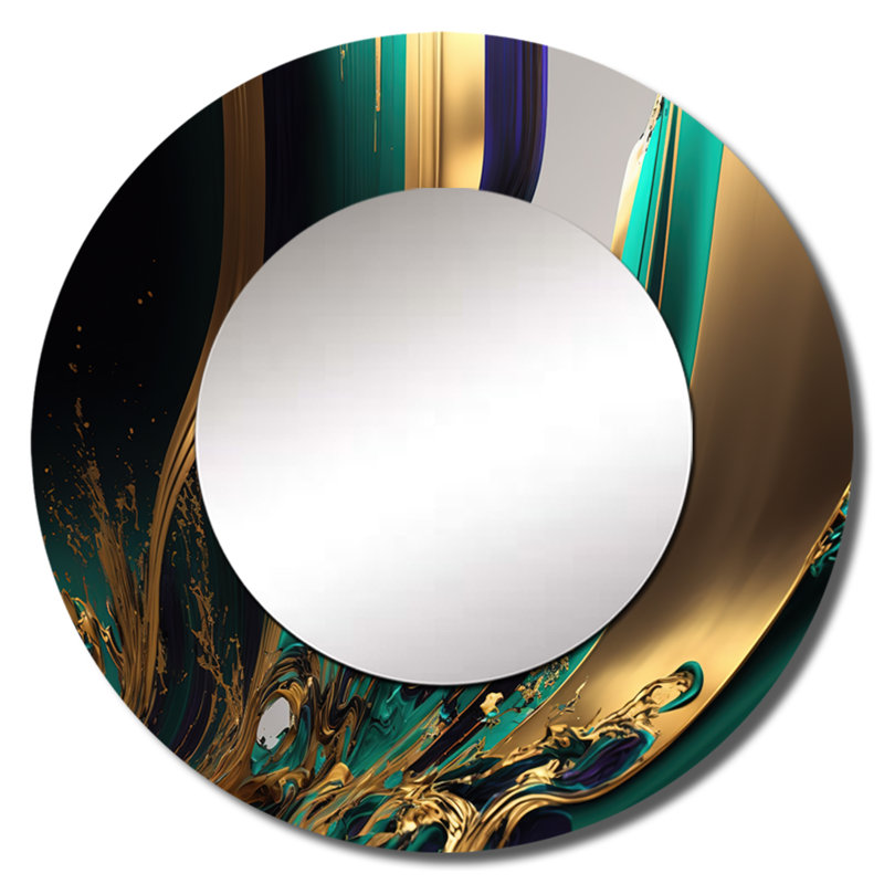 Pogg Green And Gold Agate III - Transitional Decorative Wall Mirror, Green Round Mirror, Printed Metal Art, 29" x 29"