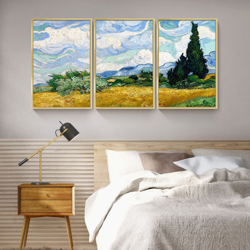 «Wheat Field With Cypresses» par Vincent Van Gogh - Ensemble de 3 reproductions de cadres photo sur toile, Or