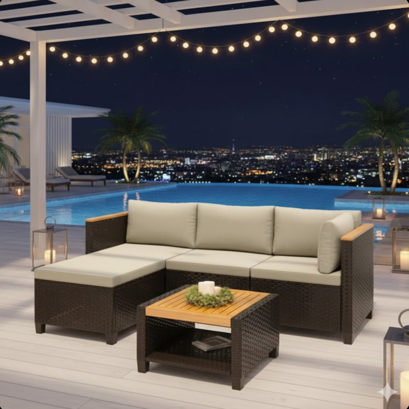 3-Piece L-Shaped Wicker Patio Set With Beige Cushions And Acacia Wood Storage Table, White