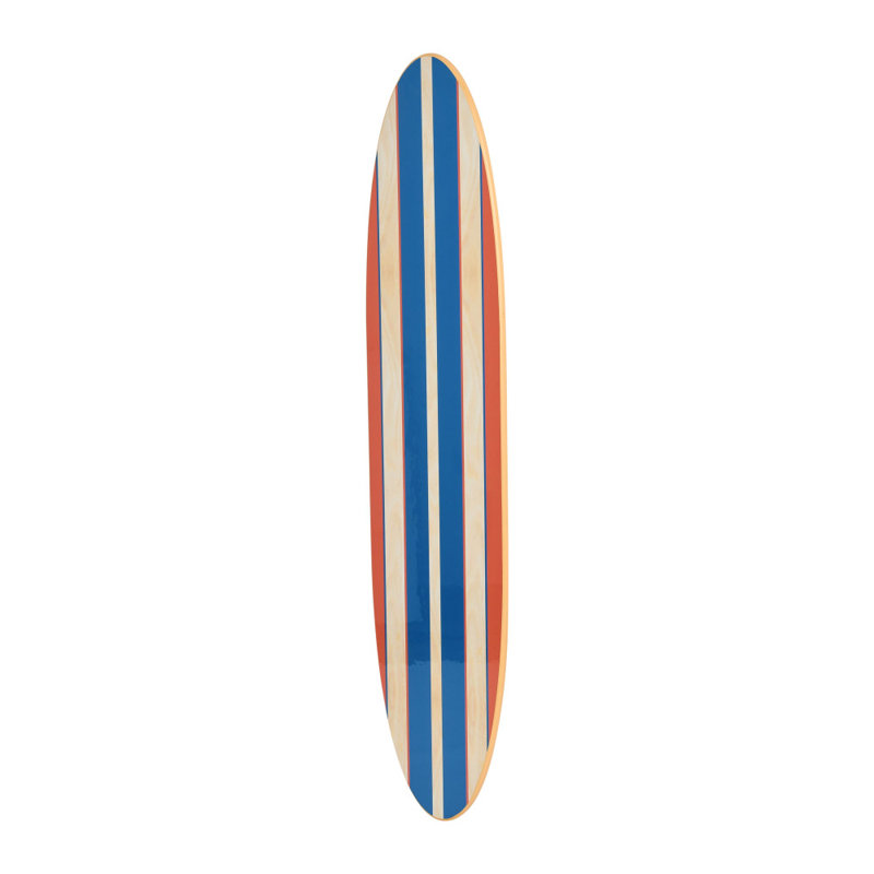 Coastal Decorative Surfboard Wall Decor for Living Room; Contemporary Red Stripes Overlaid On Wood, Red/Blue