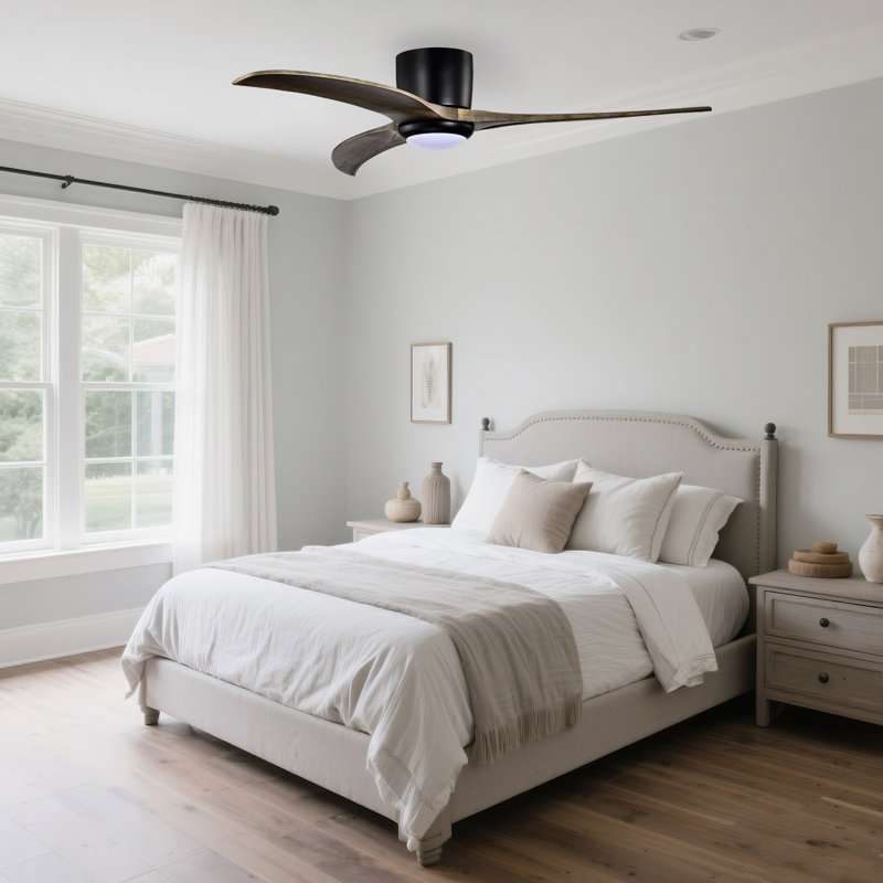 Parzy 52.04" Flush Mount Ceiling Fan Solid Wood Blades Ceiling Fan With Light With Remote Control, Matte Black, Espresso