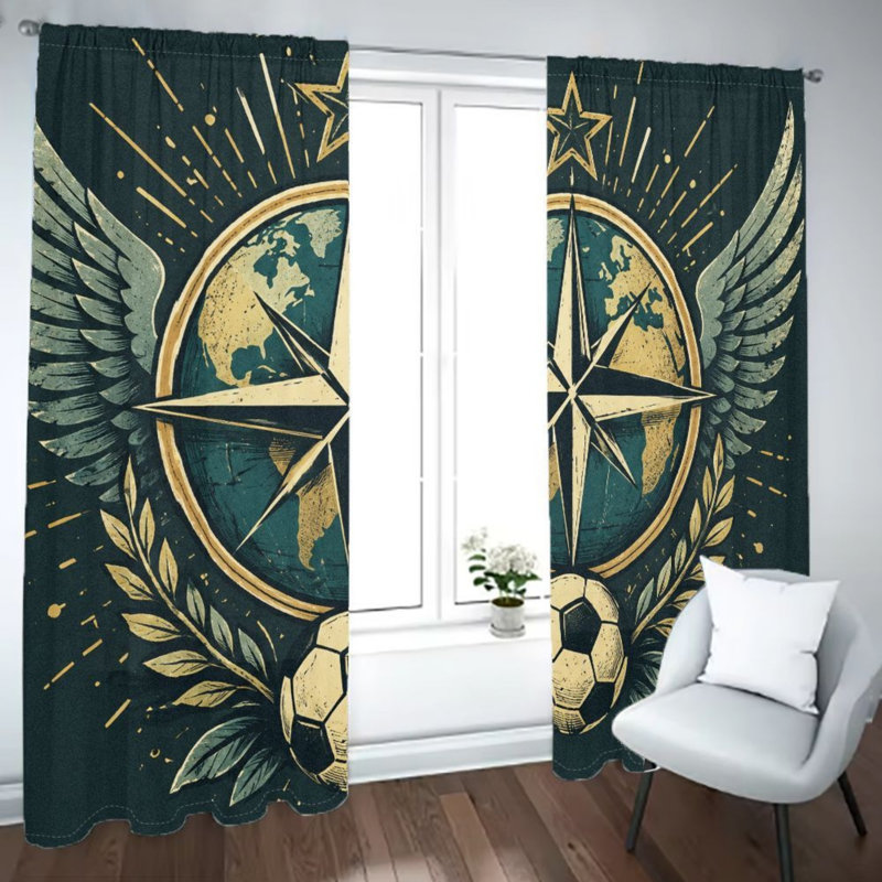 2Pcs Artistique Globe Boussole Ailes Rideaux, Rétro Football Starburst Design Moderne Graphique Fenêtre Rideaux Pour Le Salon Chambre Cuisine Bureau Jeu Jour Décor