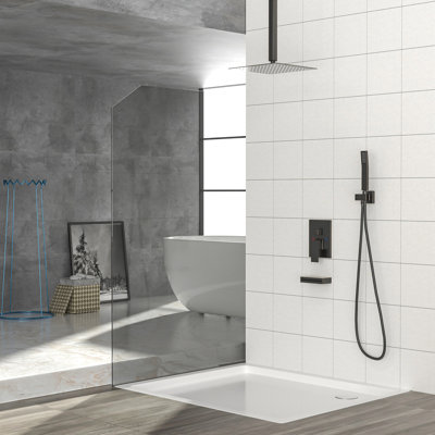 Ceiling Mount Shower With Waterfall Spout - 12 Inch Square Rainfall Head, Handheld, Oil Rubber Bronze, Bronze Setup Tub And Head 12" Square, Valve, Covers Extensively