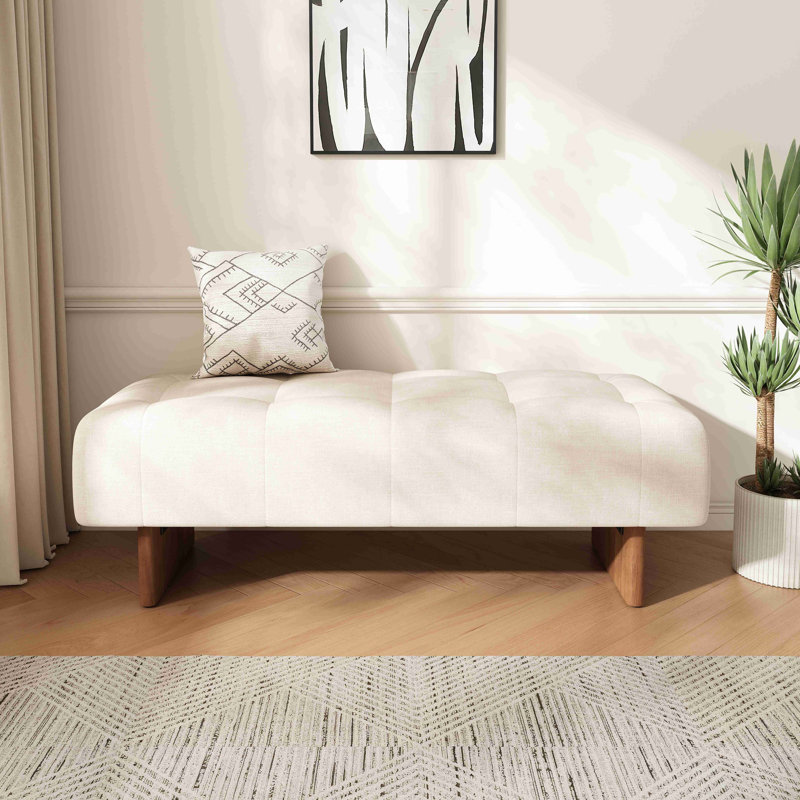 Repose-pieds rectangulaire rembourré en tissu de lin capitonné, pieds en bois massif
