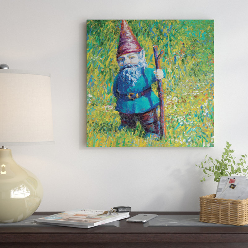 « jardin gnome », reproduction d’art sur toile iris scott, H 26 po x l 26 po x P 1,5 po, Toile avec cadre noir, Pas de tapis