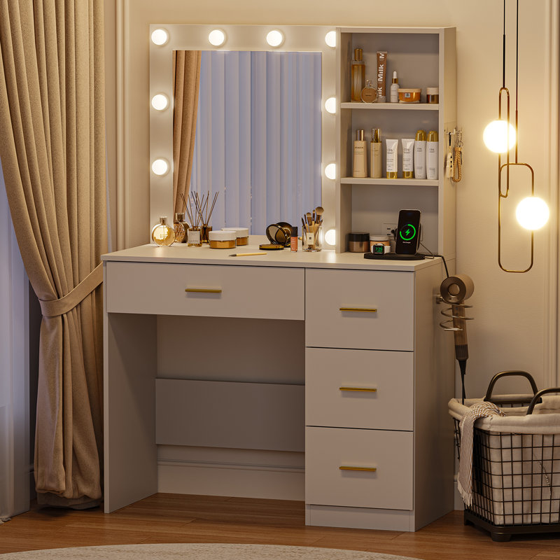 Makeup Vanity Desk With With 10 Light 3 Lighting Modes Brightness And Mirror And Power Outlet, White