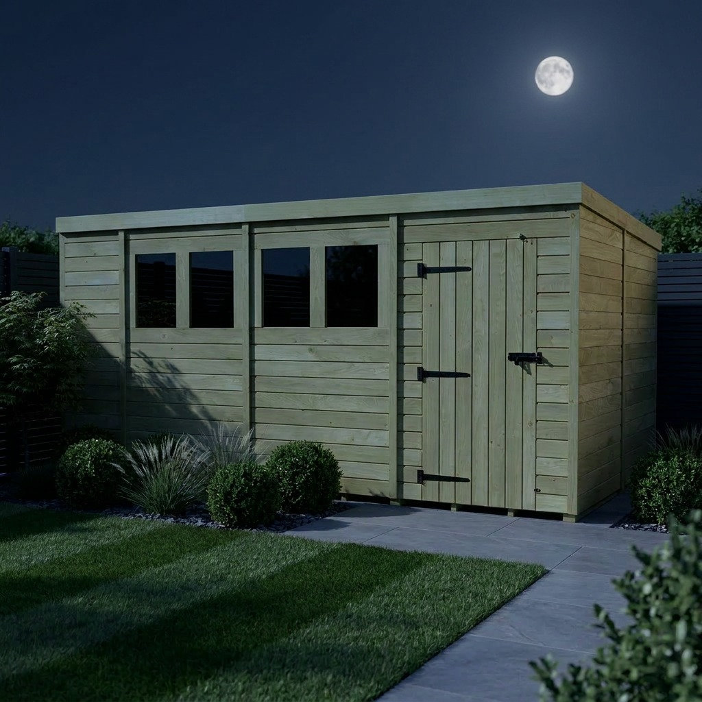 Total Sheds 15ft x 8ft Pent Garden Shed - Single Door - With Windows - Pressure Treated Timber - UK Manufactured