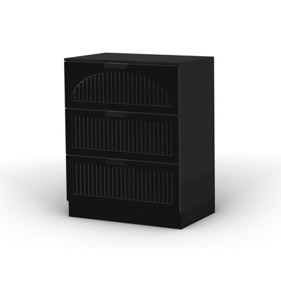 Table de chevet cannelée à 3 tiroirs de 60 cm de large avec poignées en métal, table de chevet en bois avec façades arquées pour chambre à coucher