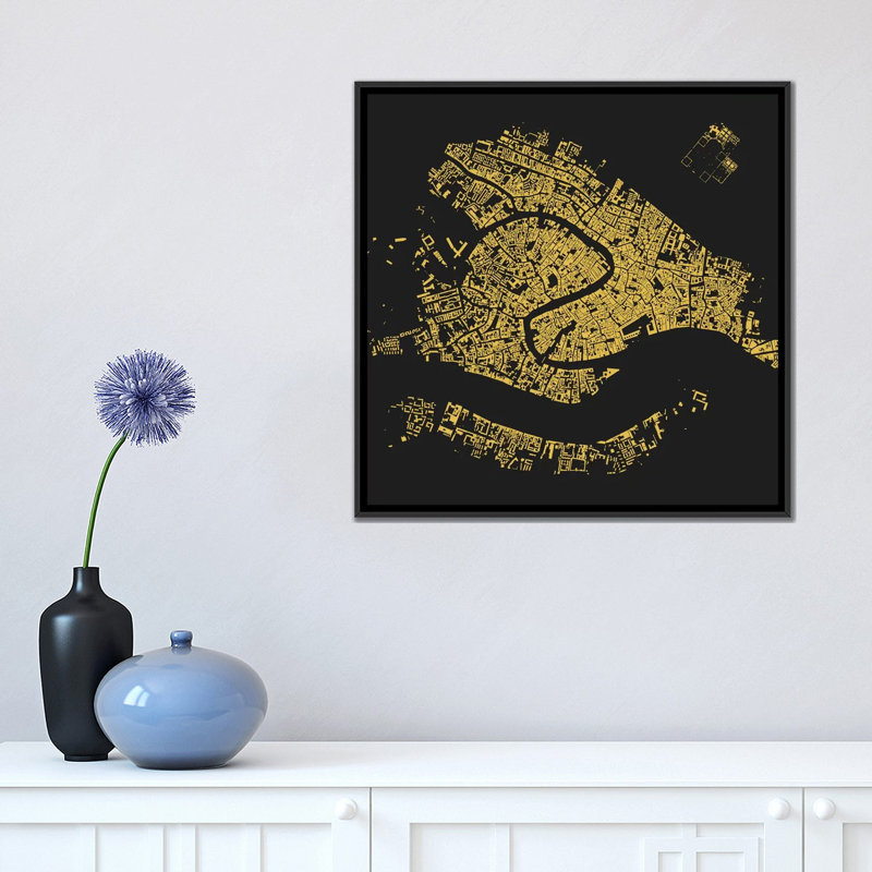 « venice », impression carrée sur toile tendue en jaune, H 18 po x l 18 po x P 1,5 po, Toile avec cadre noir, Pas de tapis