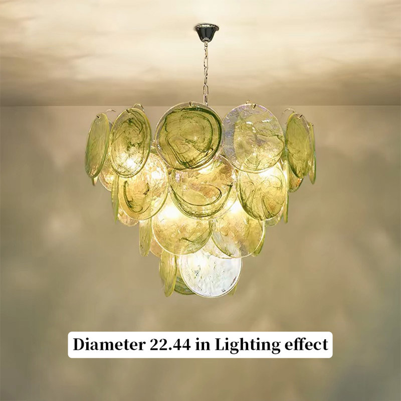 Luminaire suspendu à disque en verre vert style français, chaîne réglable 22,44 po