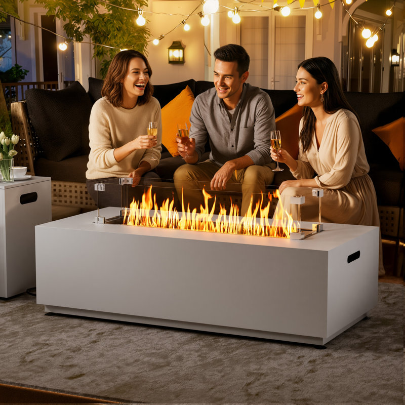 42" Rectangle Iron Propane / Natural Gas Smokeless Outdoor Fire Pit Table with Hidden Fuel Tank & Lid, White