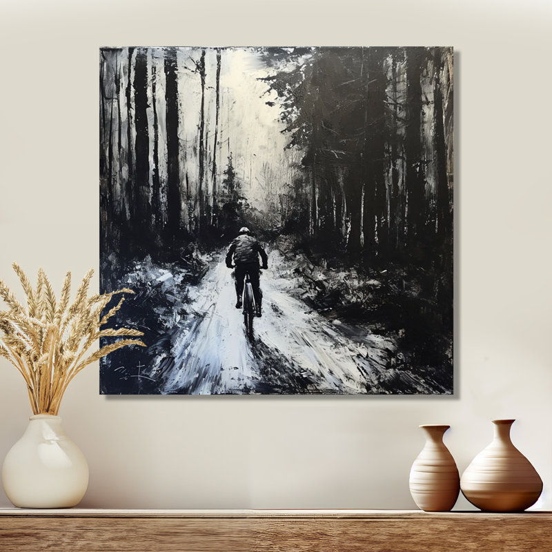 «Biking In The Winter Woods» - Décoration murale vélo, Toile tendue, H 16 po x l 16 po x P 1 po
