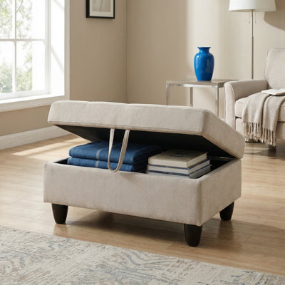 Grey White Storage Ottoman | Non-Pilling Fabric | X-Stitching | Solid Wood Frame