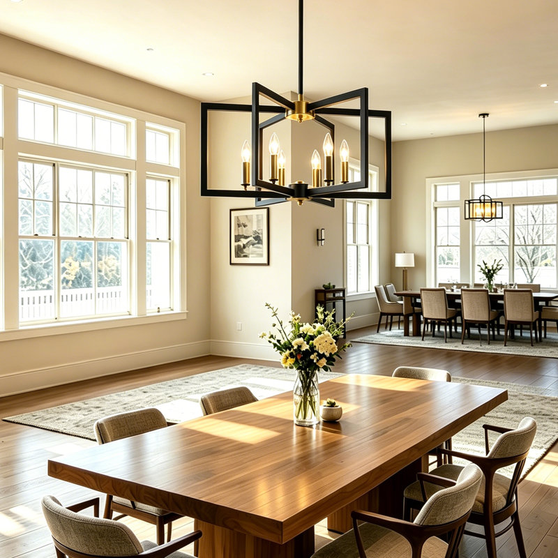 6 - Light Farmhouse Geometric Candle-Style Square / Rectangle Lantern Chandelier, Black/Gold, 6 Lights