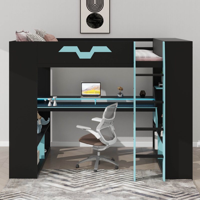 Full Size Wooden Loft Bed With Power Socket & USB/Type-C Connectors, Built-In Cable Organizer, And RGB Lighting, Black/Blue