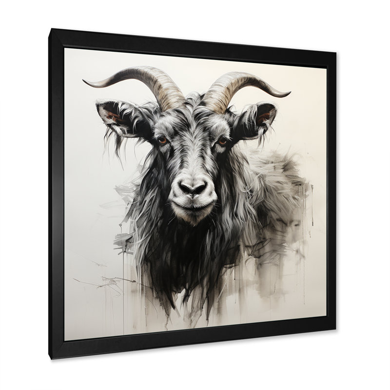 «I Black Charcoal Goat Portrait I», art mural animal de chèvre, Cadre simple noir, H 36 po x l 36 po x P 1,5 po