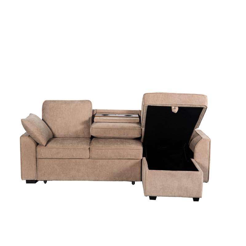 Ensemble multifonctionnel à 3 places avec plateau porte-gobelet amovible, méridienne de rangement et aménagement modulaire, sièges modulaires brun rembourrés en chenille douce, aménagement caché