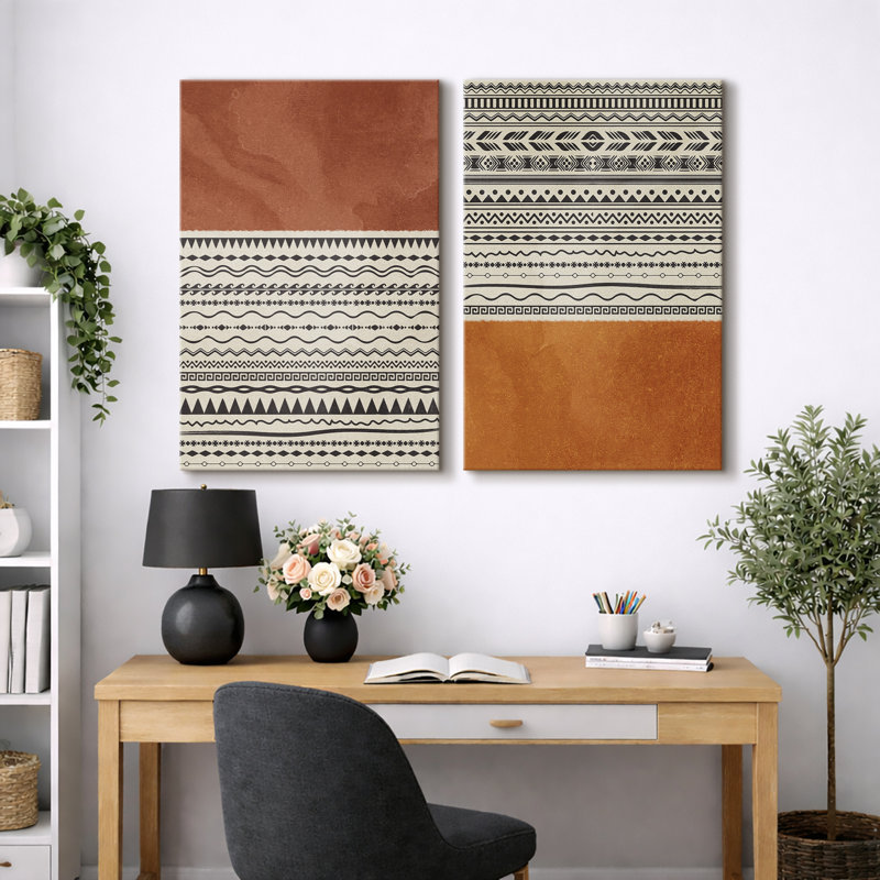 «Geometric Line», «Orange brun Tribal Boho Artwork», images murales bohémiennes abstraites, impression sur toile encadrée, 2 pièces