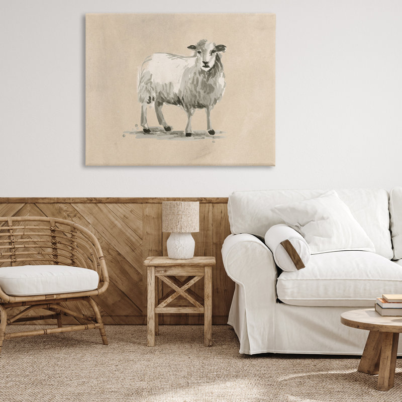 «Gazing Sheep on Beige», art mural sur toile par June Erica Vess, H 36 po x l 48 po