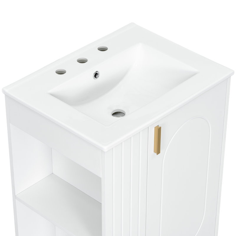 Meuble-lavabo de salle de bain avec lavabo, armoire avec tablette de porte, rangement latéral, cadre en bois massif et porte à fermeture douce pour une utilisation pratique