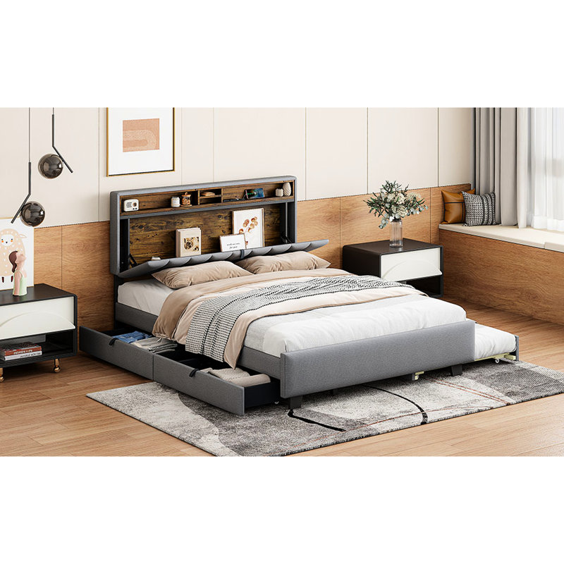 Lit tapissier grand avec gigogne simple TG et tête de lit. Lit gigogne en lin gris, 2 tiroirs, ports For Graceful Living. Style de chambre à coucher