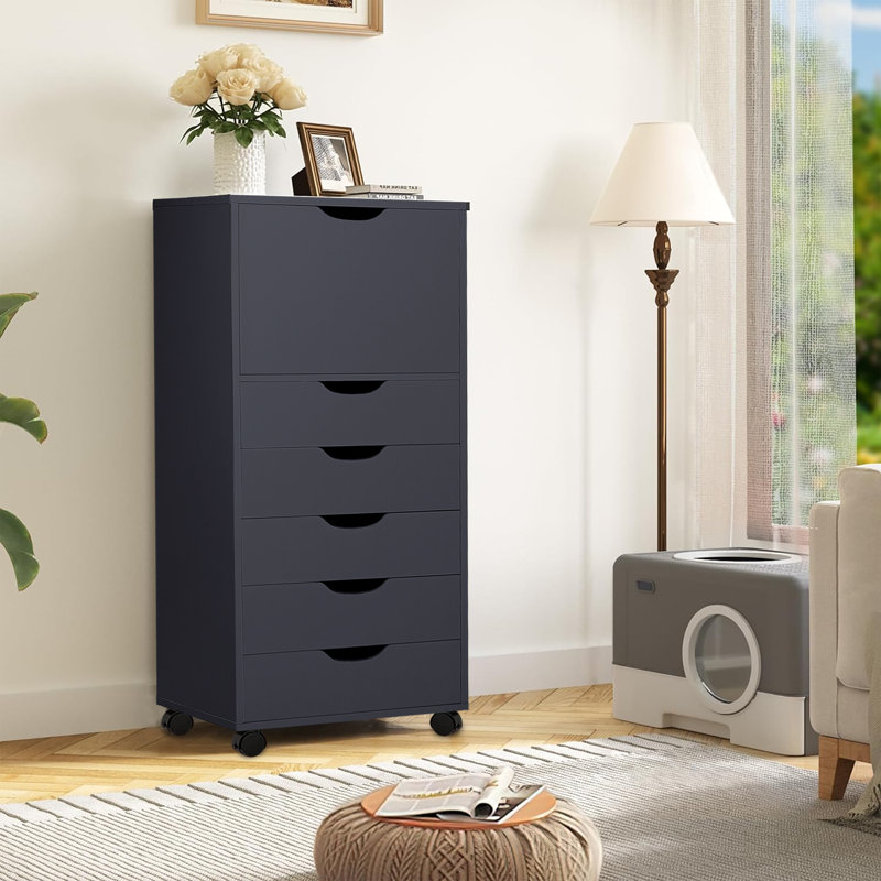 Garysburg 6-Drawer Dresser with Side Cabinet, Rolling Storage Organizer with Lockable Wheels, Modern Drawer Chest for Bedroom, Closet, Apartment – Space-Saving Clothes, Accessories & Essentials Storage