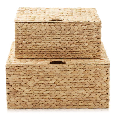 Water Hyacinth Rectangular Storage Baskets with Lids (Natural - Medium/Large)