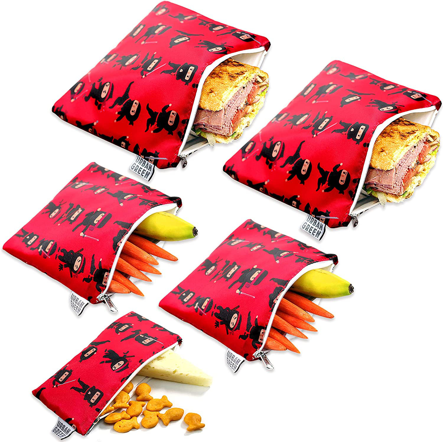 Reusable Snack Bags for Kids Urban Green, Kids Snack Containers, Reusable Sandwich Bag Kids, Dishwasher Safe, BPA Free, 5 Pack, Sandwich Reusable Bag