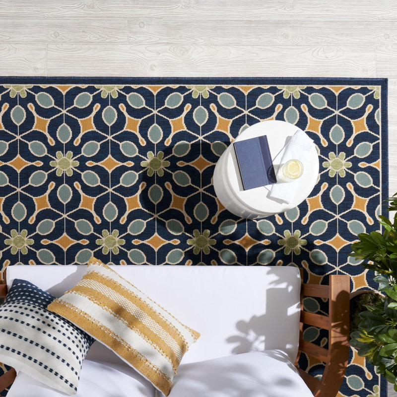 Palermo Geometric Navy/Blue/Gold Indoor/Outdoor Area Rug, Square 5'3"
