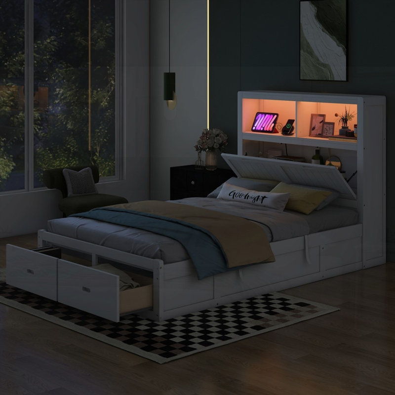 Lit plateforme double en bois avec rangement - aucun sommier nécessaire Robuste!, Lit double, Blanc