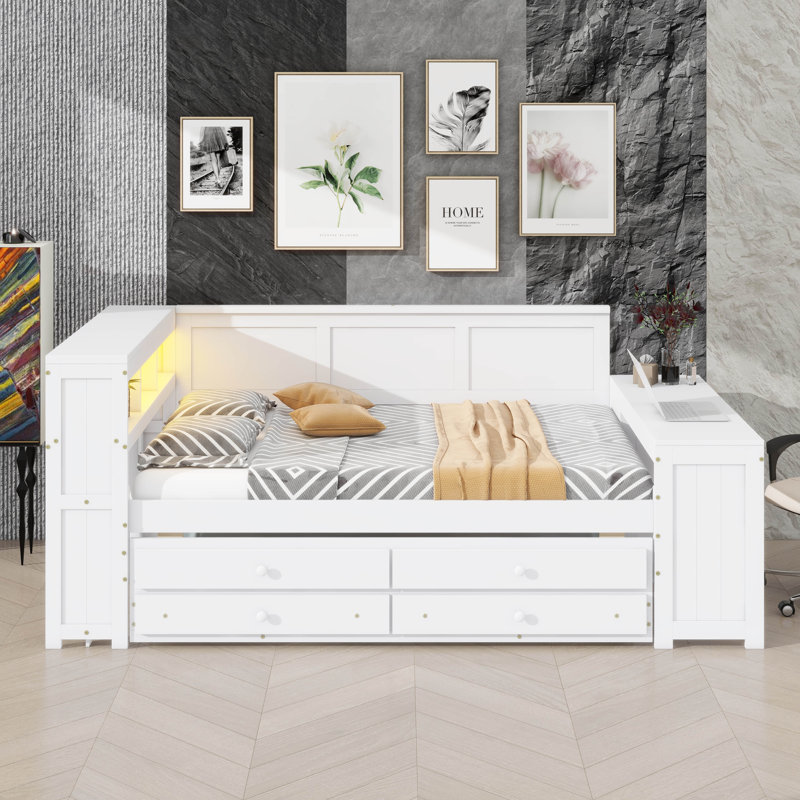 Full-Size Daybed With Drawers, Trundle Bed, Charging Spot, LED Lights, Workstation, And Storage Unit, White