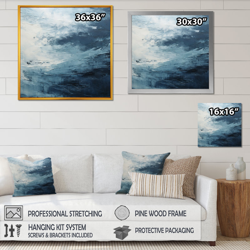 Minimalism Black And Blue Paint Wave - Abstract Canvas Art Print, 30" H x 30" W x 1" D, Silver Single Picture Framed