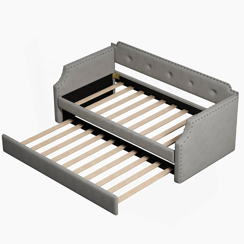 Upholstered Daybed With Trundle, Wood Slat Support,Upholstered Frame Sofa Bed, Gray