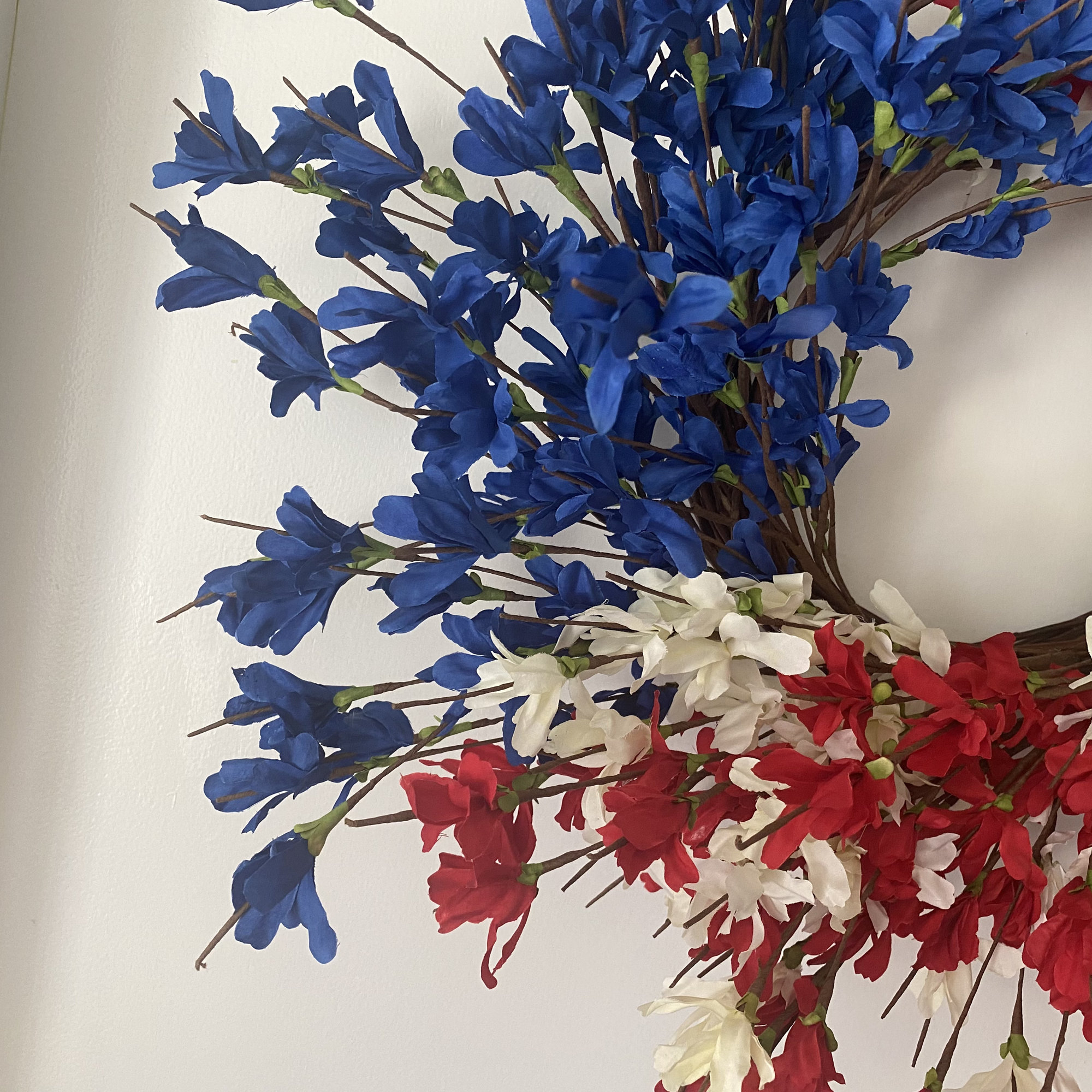 24" Handcrafted Faux Forsythia Silk Wreath for Front Door, Blue/White/Red