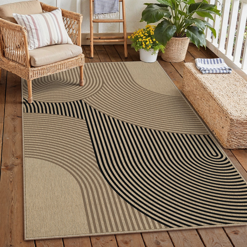 Geometric Striped Jute Area Rug in Black/Brown, Rectangle 3' x 5'