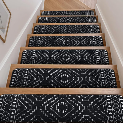 Boho Stair Treads Non-Slip Stair Runners for Wooden Steps Indoor 15PCS 30"x8" Washable Carpet Stair Treads Stair Mats Staircase Step Treads for Kids, Elders and Dogs, Stair Covers, Black
