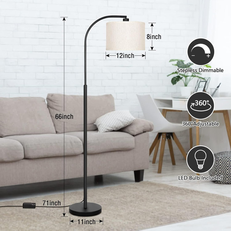 Arc Floor Lamp, Dimmable Floor Lamp For Living Room, Modern Standing Lamp With Adjustable Drum Shade, Tall Pole Lamp For Bedroom Study Room Office, 9W 3000K LED Bulb Included
