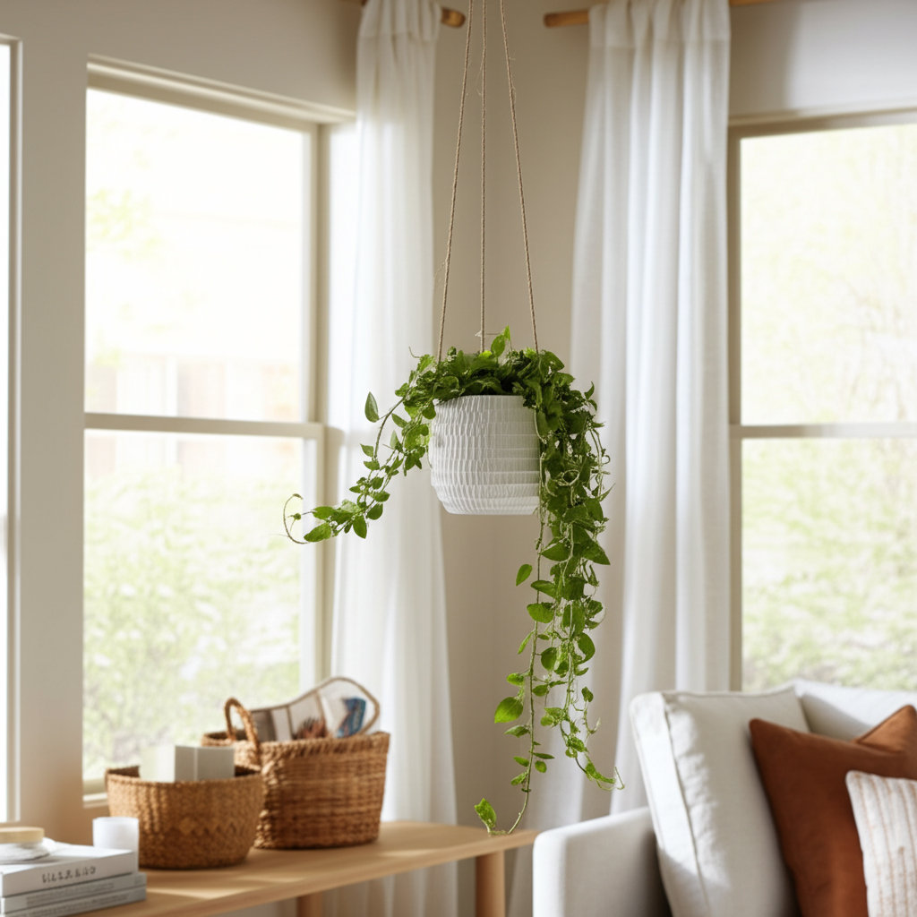 Rosaria Ceramic Hanging Planter, Dimpled White, 6.5" H x 7" W x 7" D