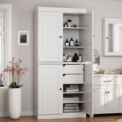 Grande armoire à linge de salle de bain 100% bois massif avec portes et 2 tiroirs, tablettes réglables, armoire de rangement modulaire pour salle de bain et buanderie, l 32 po x H 71,5 po