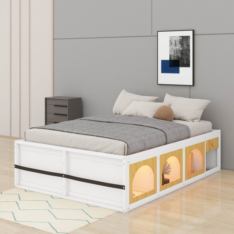 Lit plateforme avec lumière DEL et tiroir, lit en bois avec bibliothèque et vitrine, cadre de lit sans tête de lit, Grand lit