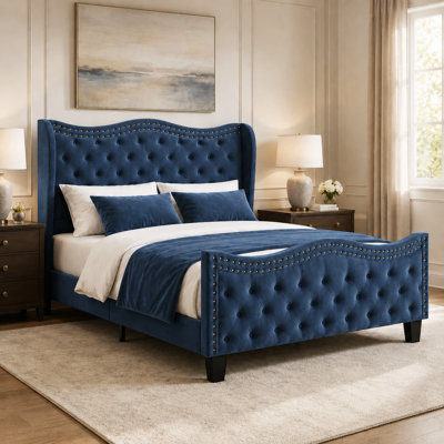 Modern Tufted Velvet Wingback Platform Bed with Nailhead Trim
